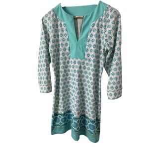 Cabana Life Tunic Shirt Dress Coverup‎ UPF50+ White Blue 3/4 Sleeve Medium Vneck